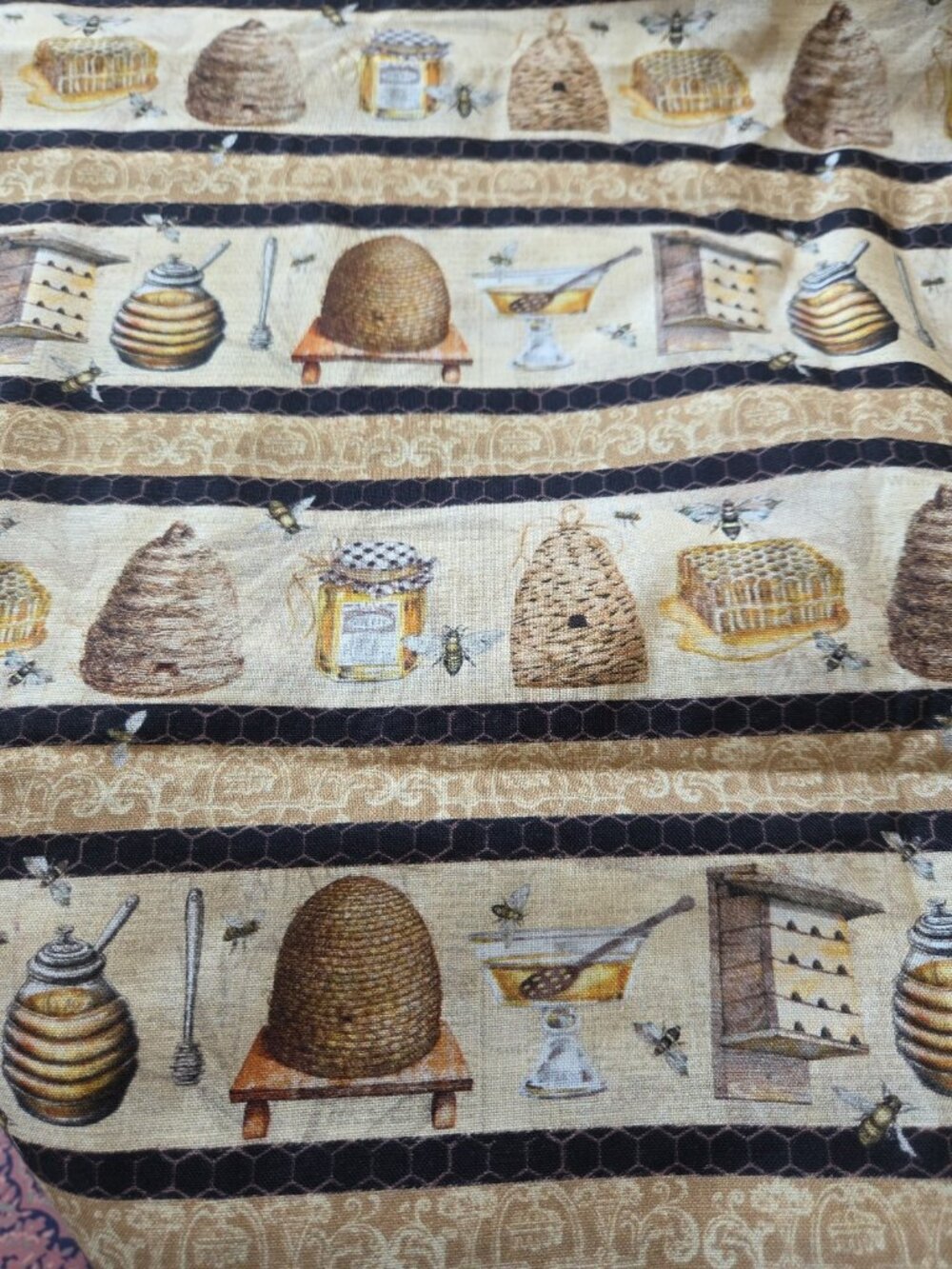 New Uncut Black Tan Honey Bee Stripe Cotton Fabric 1.86 Continuous Yards